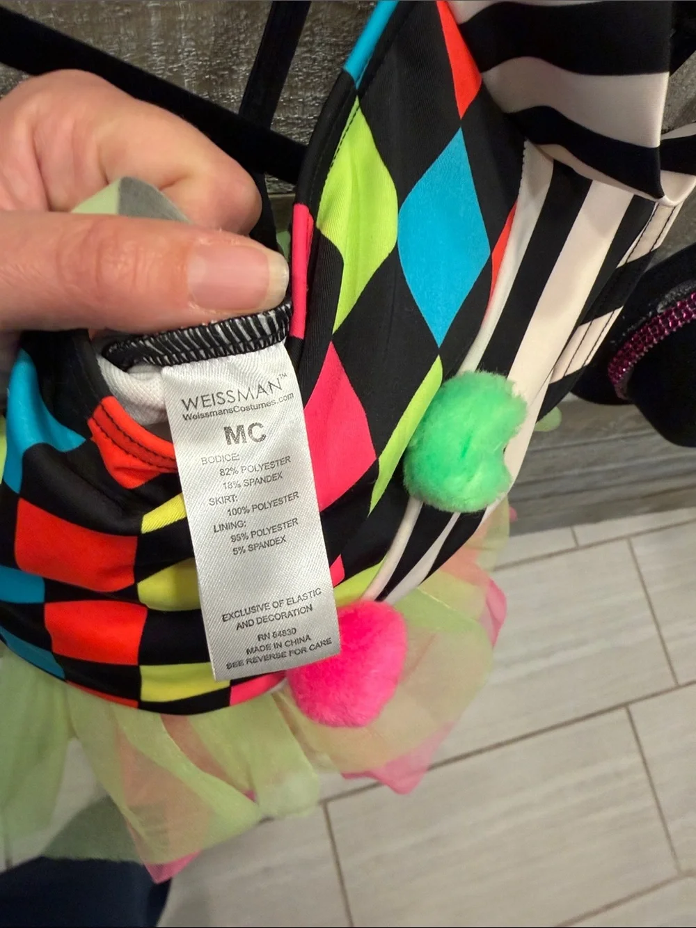Weissman’s child M dance/skating Neon Harlequin Clown Costume Dress with Pom Pom